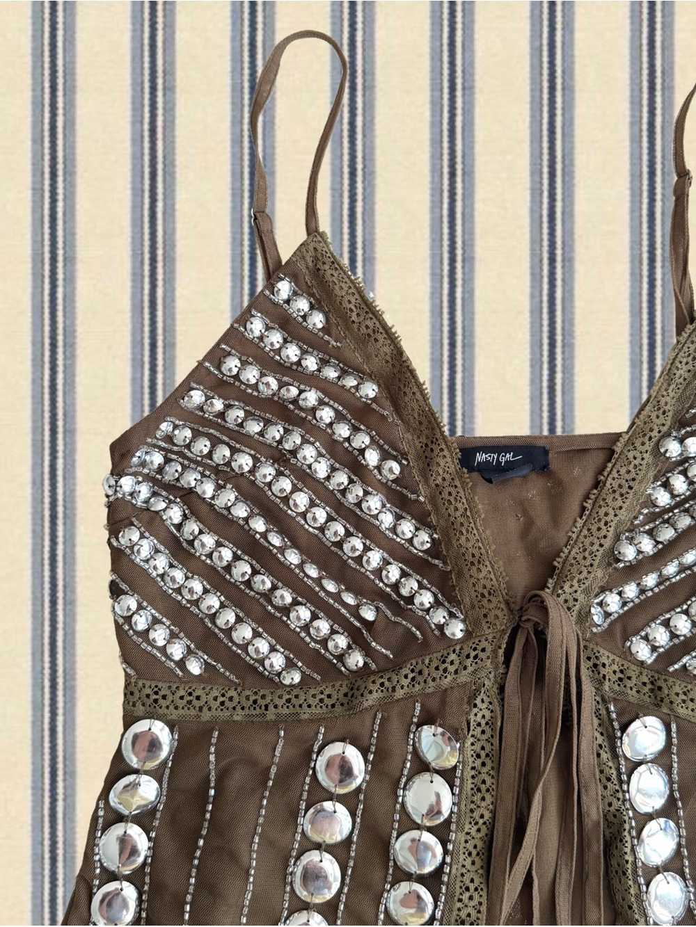 Nasty Gal Green Beaded Lace-Up Cami Top - Picture 2 of 5